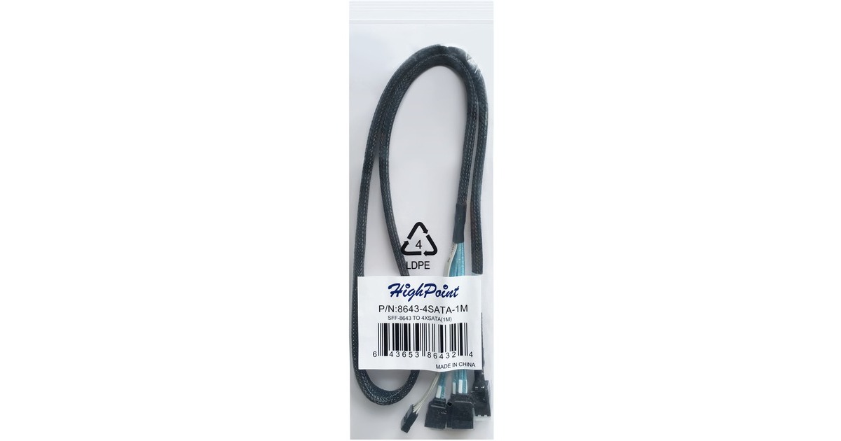 HighPointmSAS Kabel 1xSFF8643->4xSATA adapter  (Zwart, 1 meter)