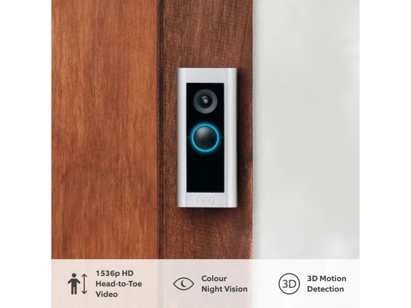 Ring Battery Video Doorbell Pro - Smart dørklokke - med kamera - med Head-to-Toe View, 3D Motion Detection, Colour Night Vision, 30-dages gratis prøve på Ring Protect - trådløs - 802.11b/g/n/ax - 2.4 Ghz, 5 GHz - satinnikkel