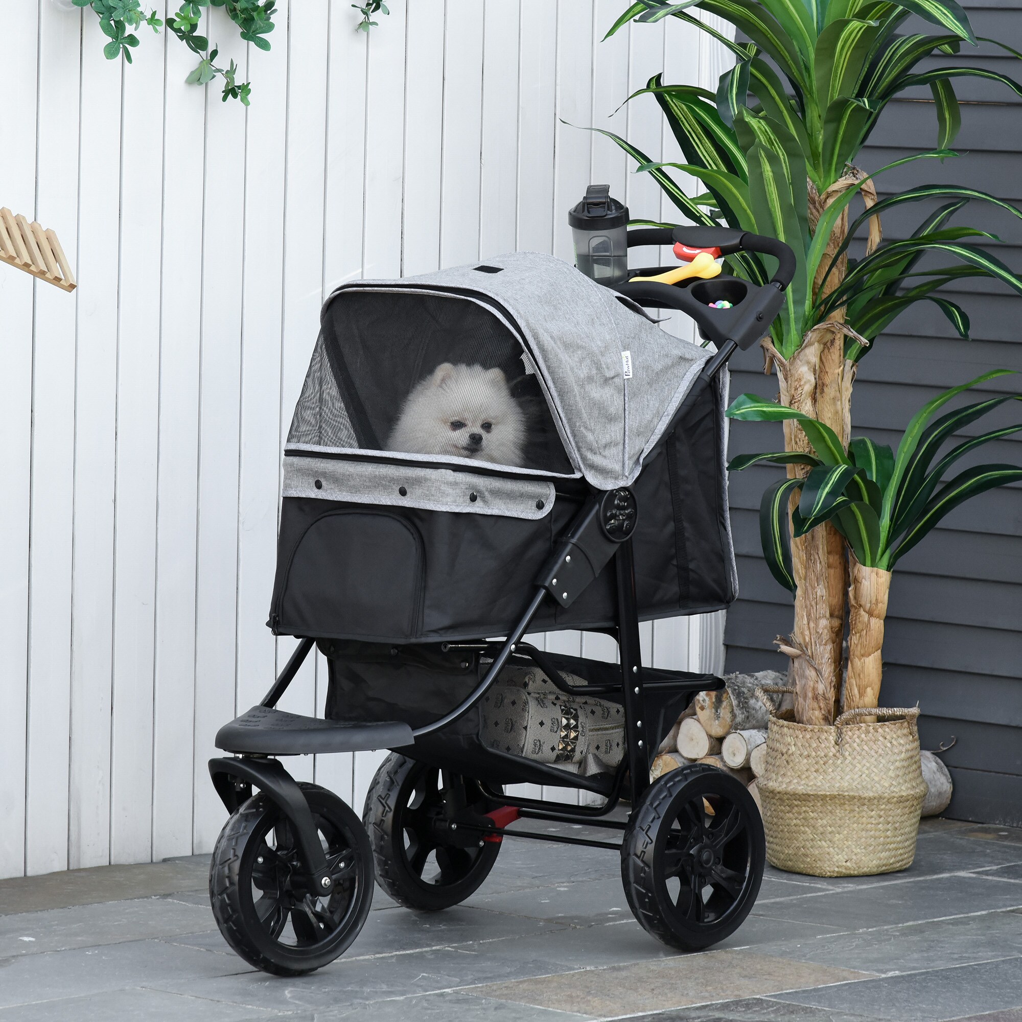 PawHut Hundewagen mit 3 Rädern, verstellbares verdeck, geignet zum joggen Grau/Schwarz 109,5 x 57,5 x 106,5 cm (LxBxH)