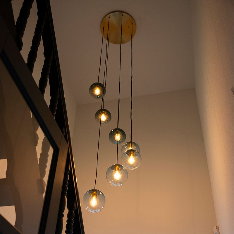 Art deco hanglamp messing met blauw glas 7-lichts - Pallon