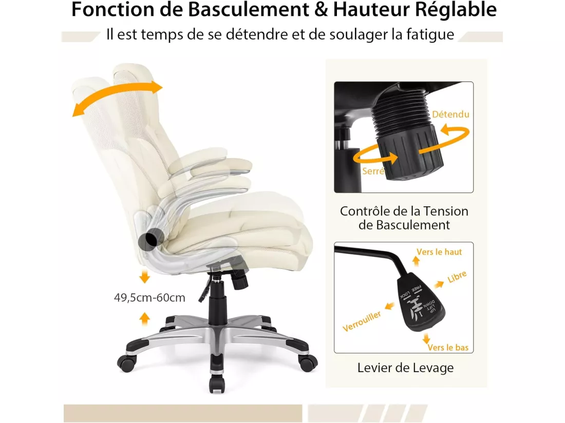 Fauteuil de Bureau Ergonomique, Chaise de Bureau en Cuir PU, à Bascule, Hauteur Réglable, Fauteuil de Gamer, Chaise de Travail Pivotant, Charge Maximale 160 kg, Blanc