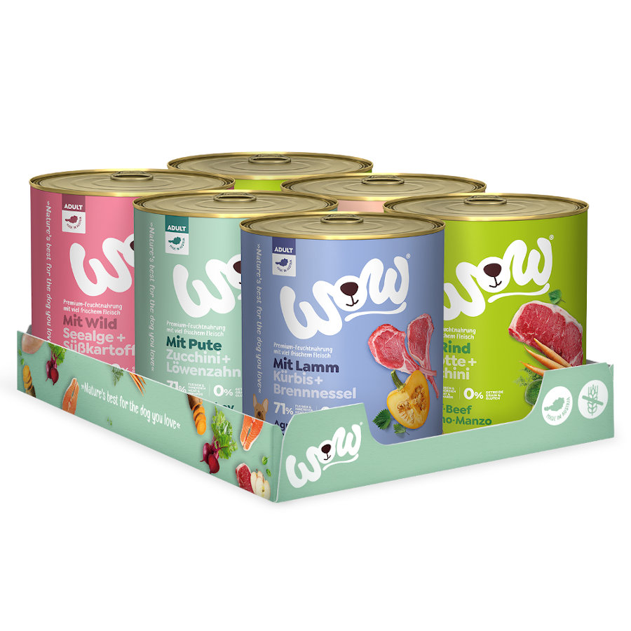 latas de 800g de ração úmida Wow Food Adult para cães