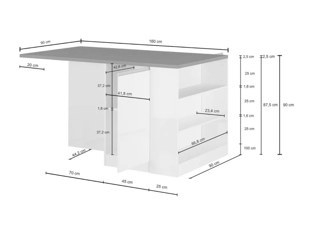 Îlot de cuisine Dcannaval, Armoire polyvalente, Meuble de kitchenette, Table auxiliaire, 100% Made in Italy, 160x90h90 cm, Blanc brillant et ardoise