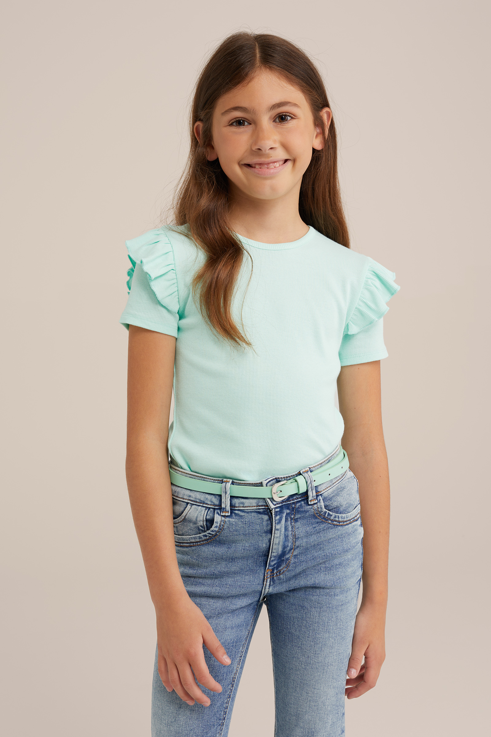 Meisjes T-shirt met ruches WE Fashion Mintgroen
