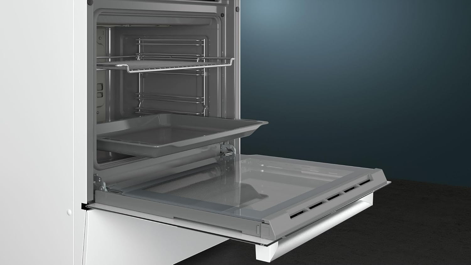 Siemens HK9R3A220 iQ300 freistehender Elektroherd mit Glaskeramik-Kochfeld/A / 60 cm/Weiß/ecoClean Reinigung/Schnellaufheizung / 3D Heißluft Plus