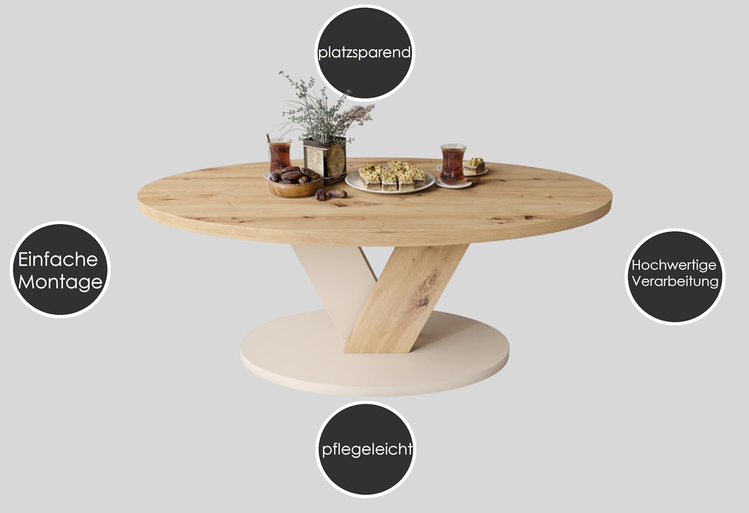 designimpex Design Couchtisch Lova Eiche Artisan/Beige matt 110x45x60 cm oval Couch Table Ablage Stubentisch Living Room Table Moderne Tische ovaler Wohnzimmertisch Sofa Wohnzimmer Küchentisch