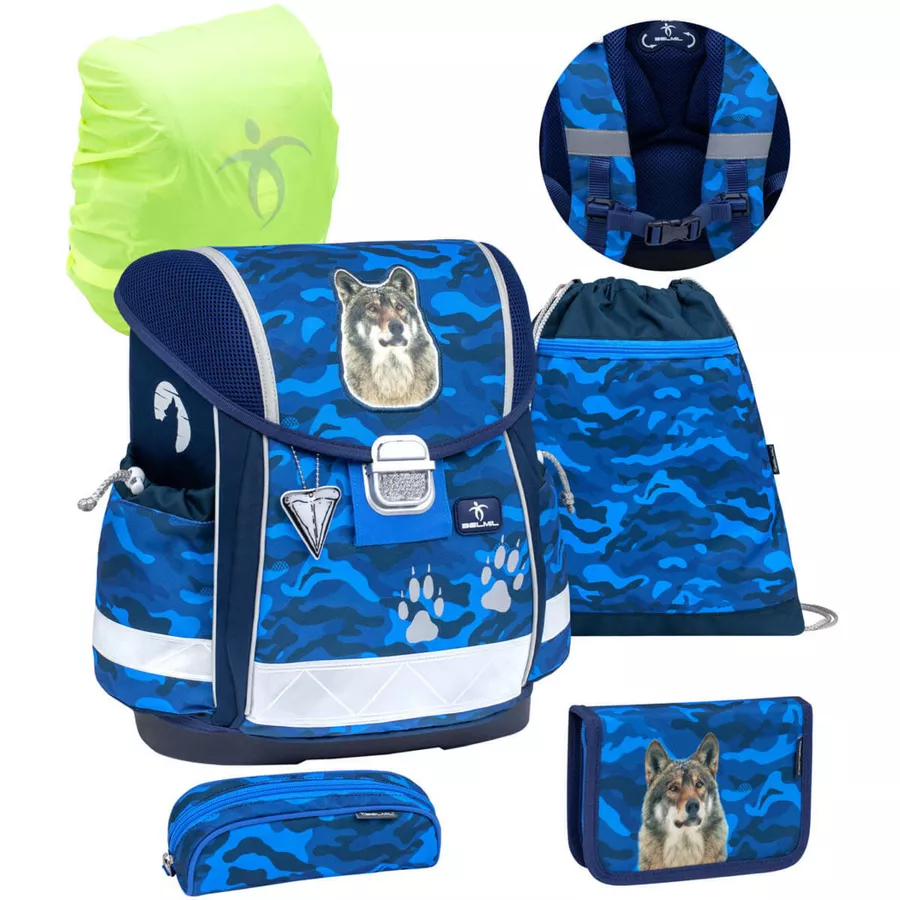 Belmil Schulranzen Classy Schulranzen Set 5-teilig mit Brustgurt Alpha Wolf