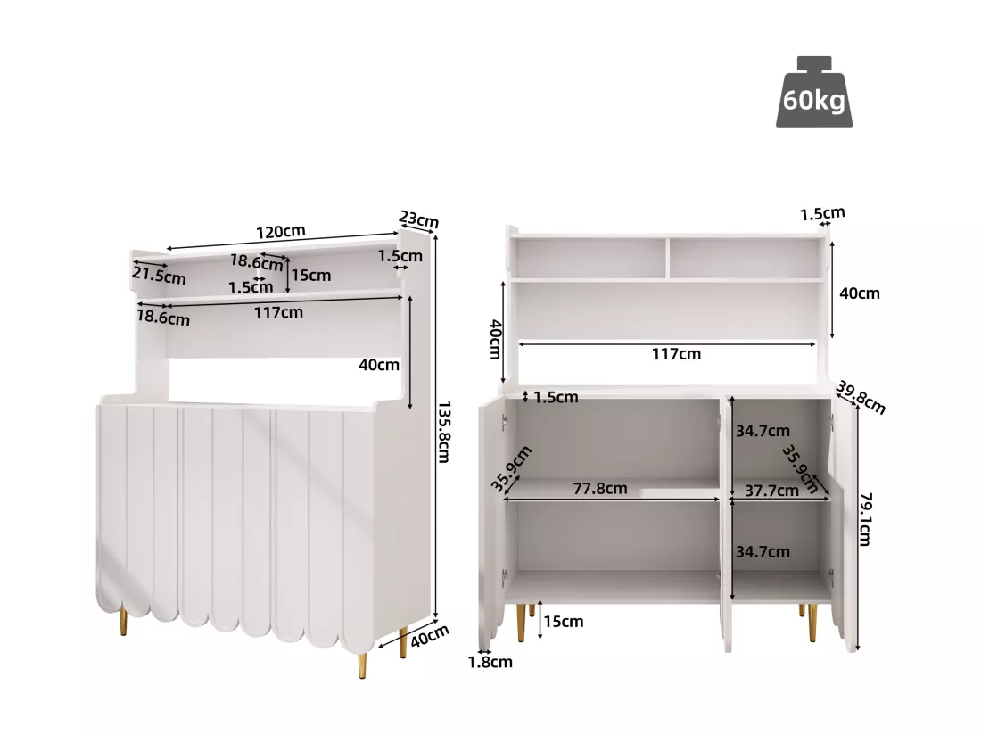 Buffet de cuisine avec 3 portes et étagères de rangement ouverte - 120 x 40 x 151 cm - Bois MDF - Blanc