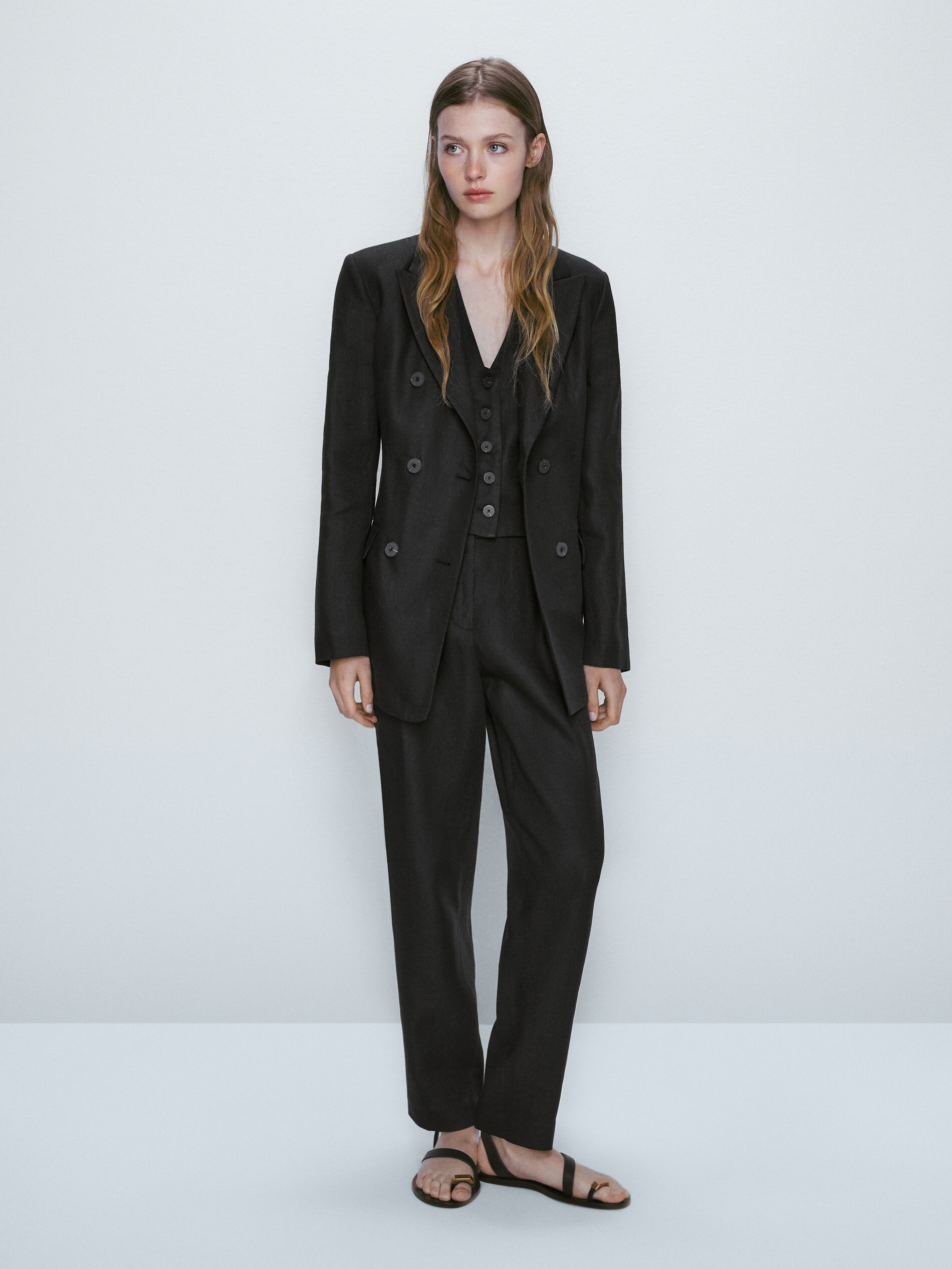 Americana traje cruzado 100% lino - NEGRO