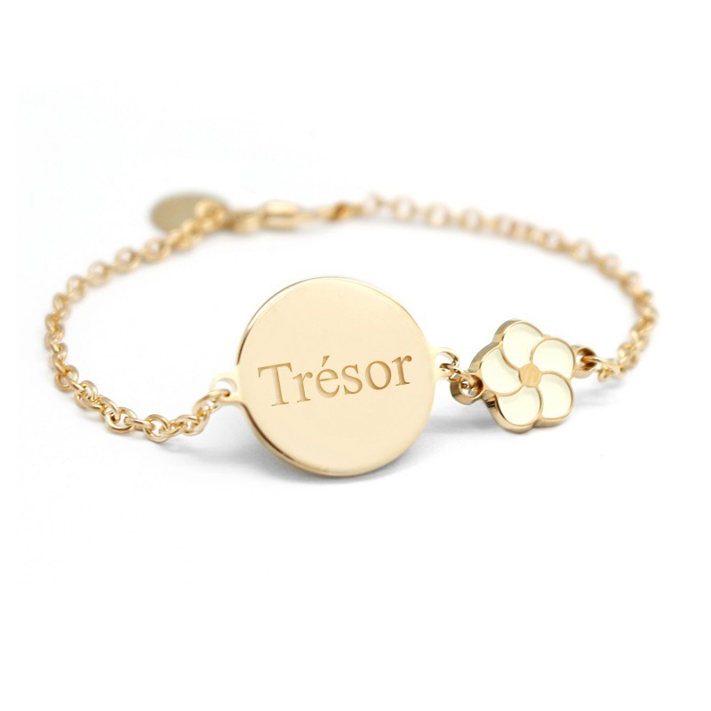 Bracelet chaine médaille fleur laquée plaqué or enfant - gravure TRÉSOR