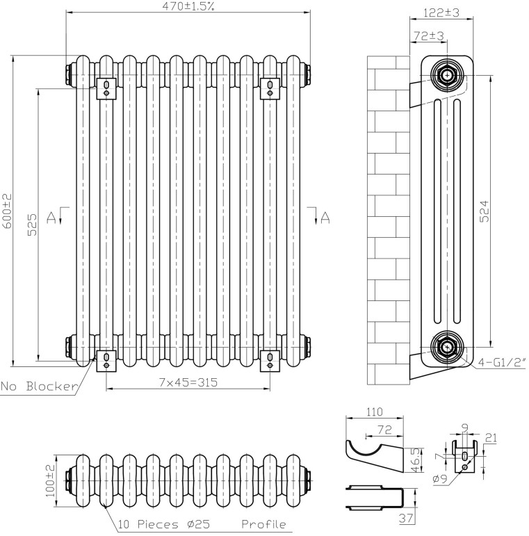 Eastbrook Imperia 3 koloms radiator 45x60cm 945W zwart mat