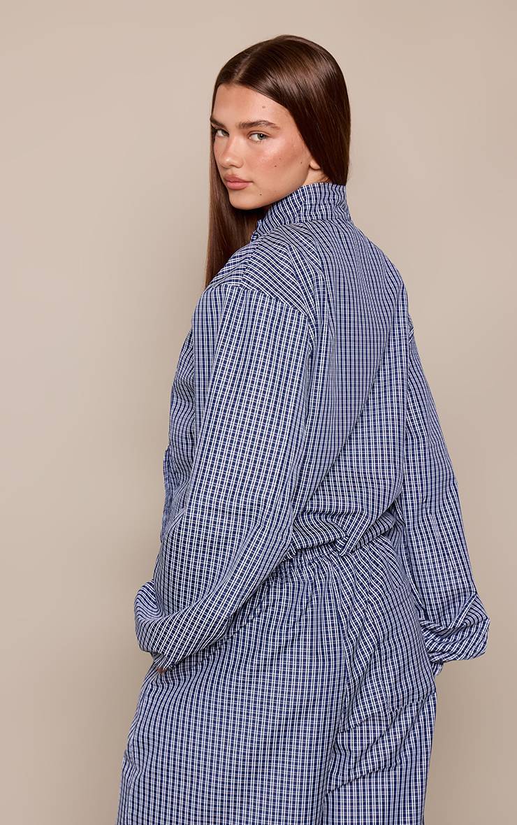 Bleu Marine Ensemble Coordonné Chemise À Col Montant Et Taille Élastiquée Imprimé À Carreaux