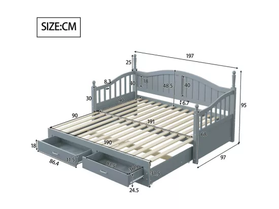 Canapé-lit pliant en bois massif - avec colonnes romaines - dossier et accoudoirs courbés - avec 2 tiroirs - gris (matelas non inclus)