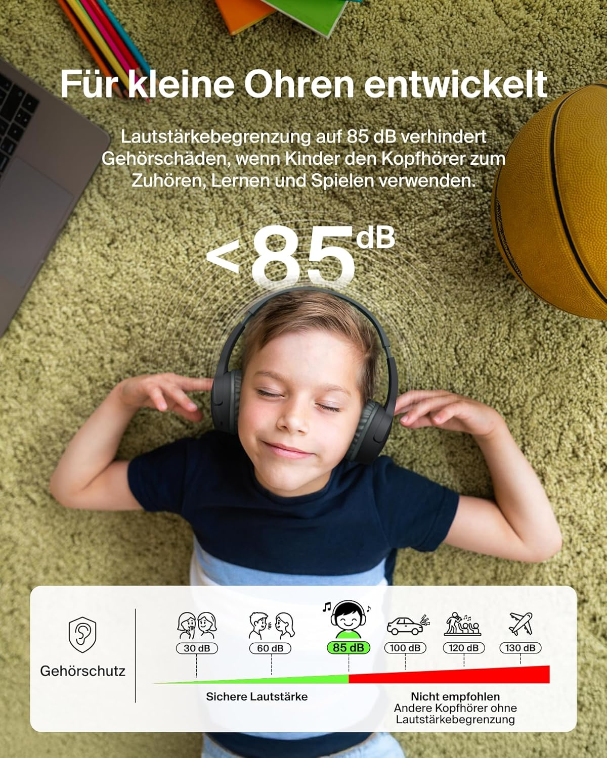 SoundForm Mini Bluetooth On-Ear Kinder Kopfhörer mit Mikrofon   85dB Lautstärke-Begrenzung (AUD002BTBKV3) - Schwarz
