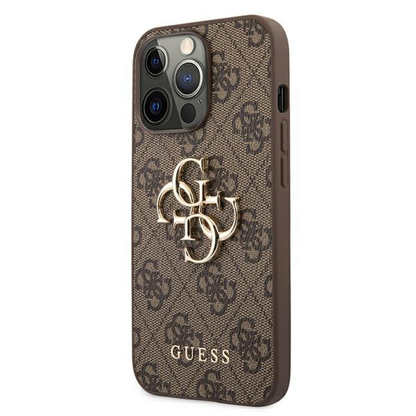 iPhone 13 Pro Leder Hardcase Hülle Metall Logo (GUHCP13L4GMGBR) - Braun / Gold