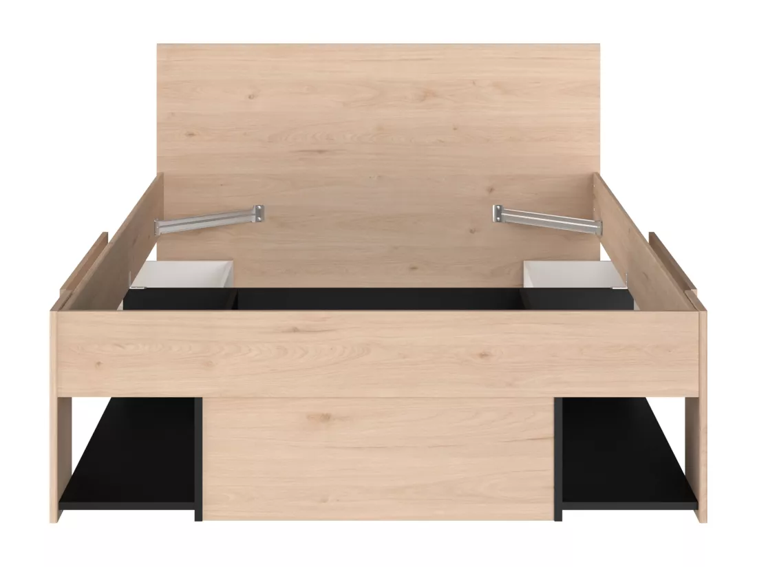 Lit 120 x 190/200 cm avec rangements - Coloris : Naturel et noir + Sommier - KINSELIA