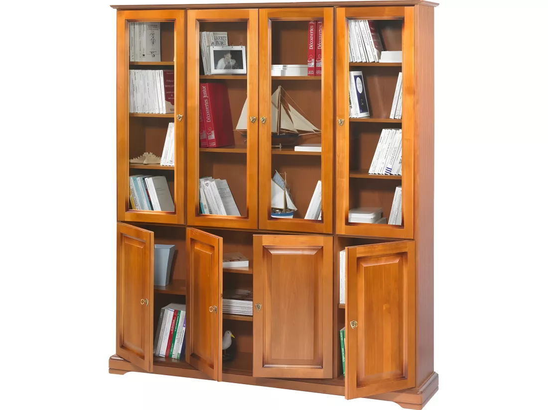 Bibliothèque 8 Portes Merisier 18 Niches 15 Etagères L 158.8 H 182.2 P 33 cm
