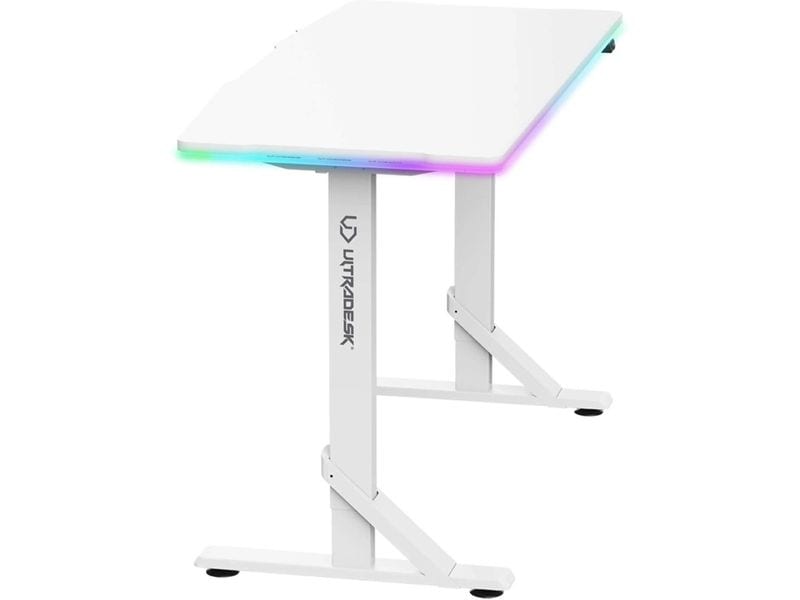 Ultradesk Gaming Tisch Iron Weiss Ultrastarker Gaming Tisch mit mechanischer Höhenverstellbarkeit und RGB-Beleuchtung