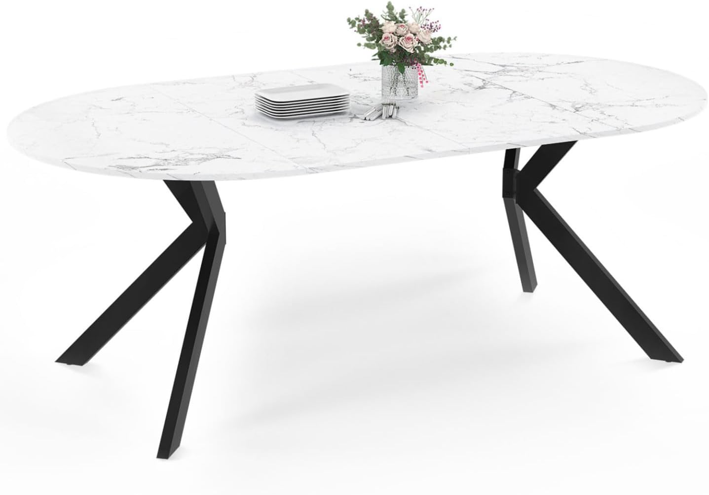 IDMarket - Table à Manger extensible Ronde ALIX 4-10 personnes pied araignée Noir et Bois Effet marbre Blanc Alaska 110-200 cm