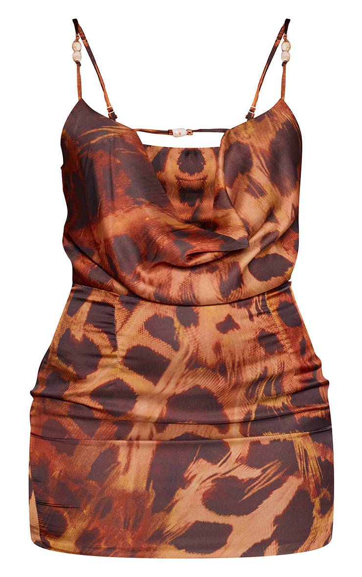 Marron Robe Mini À Col Bénitier Avec Détail De Finition Imprimé Synthétique