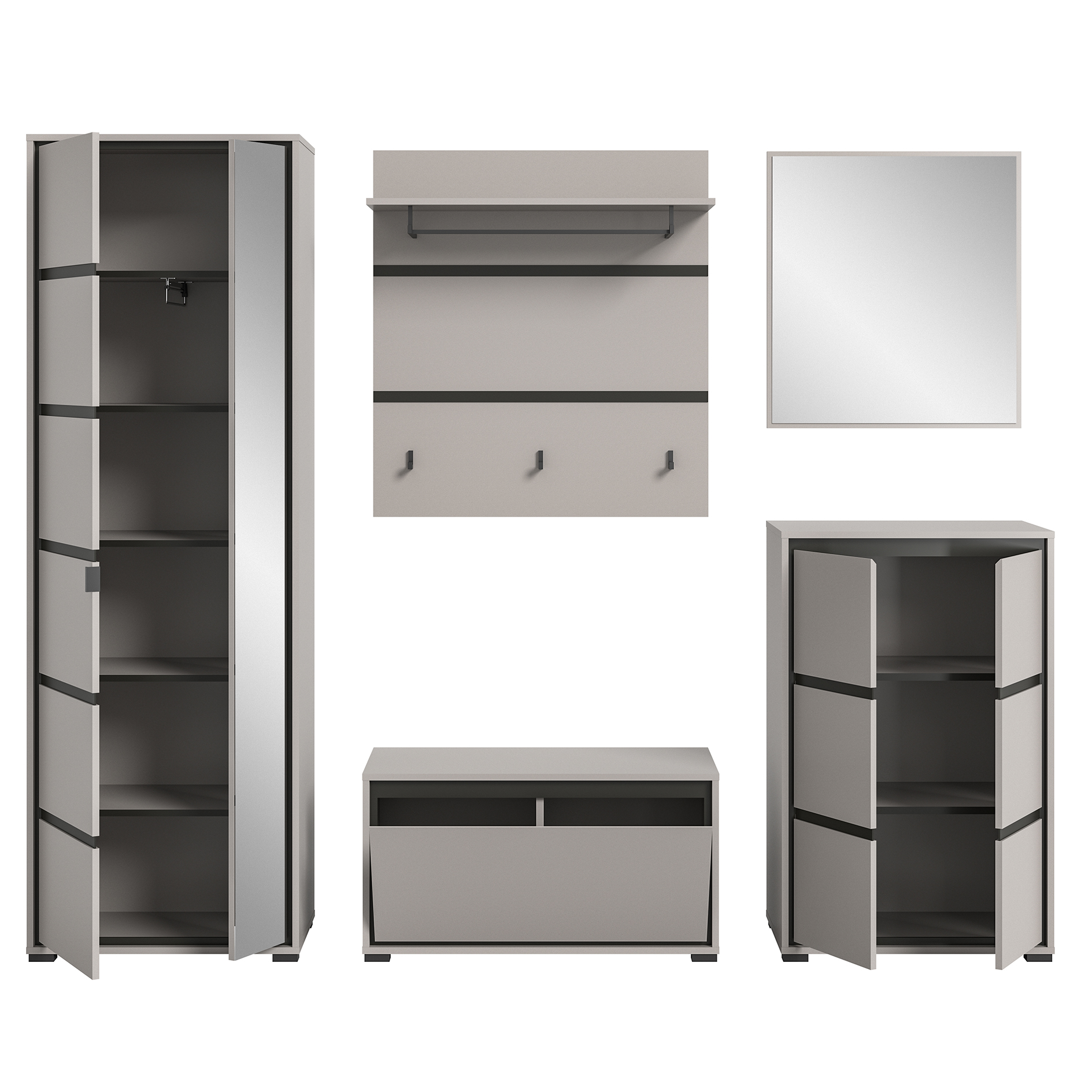 5-teiliges Set Garderobe JARU - grau-schwarz - mit Spiegel