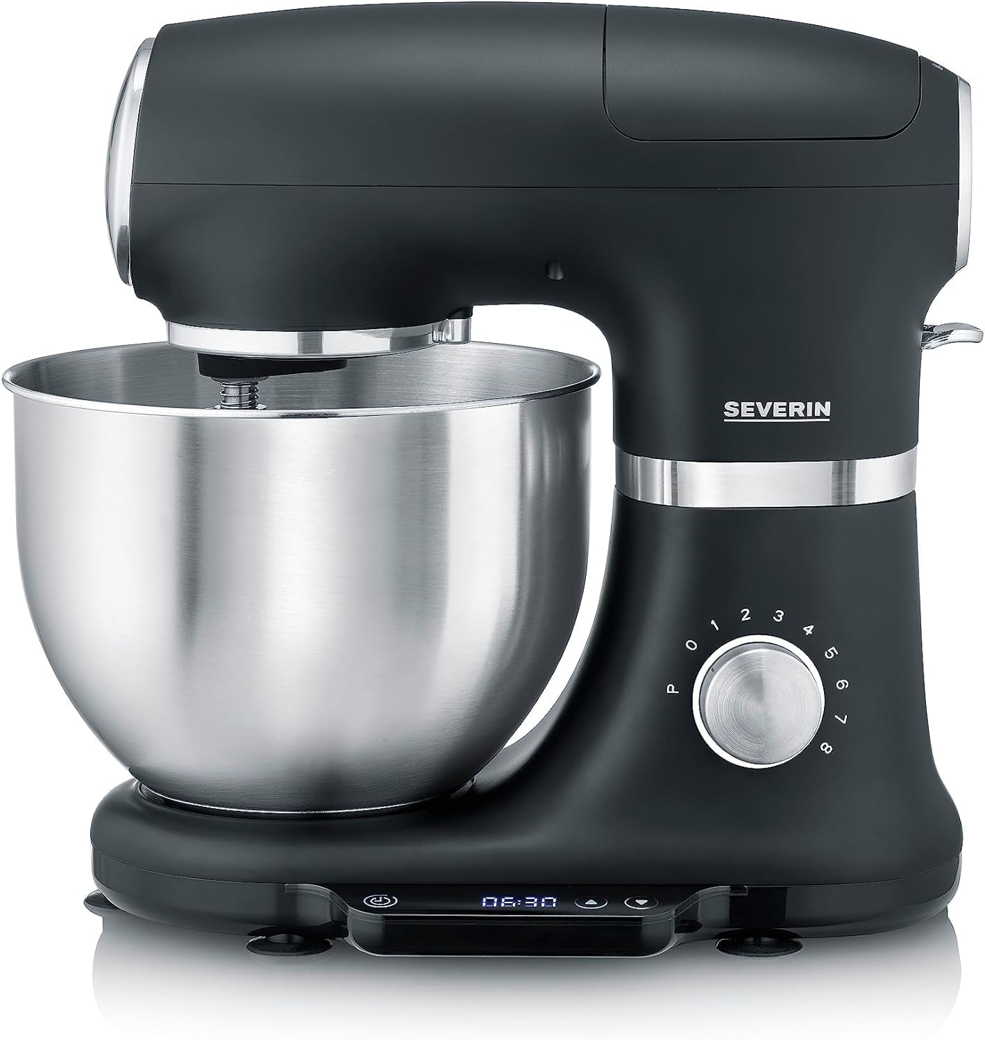 SEVERIN Robot de cuisine avec balance intégrée, robot ptissier pour 3 kg de pte ou 5,5 L, robot ménager robuste avec crochet à pétrir, batteur plat et fouet, 1 000 W, noir, KM 3898