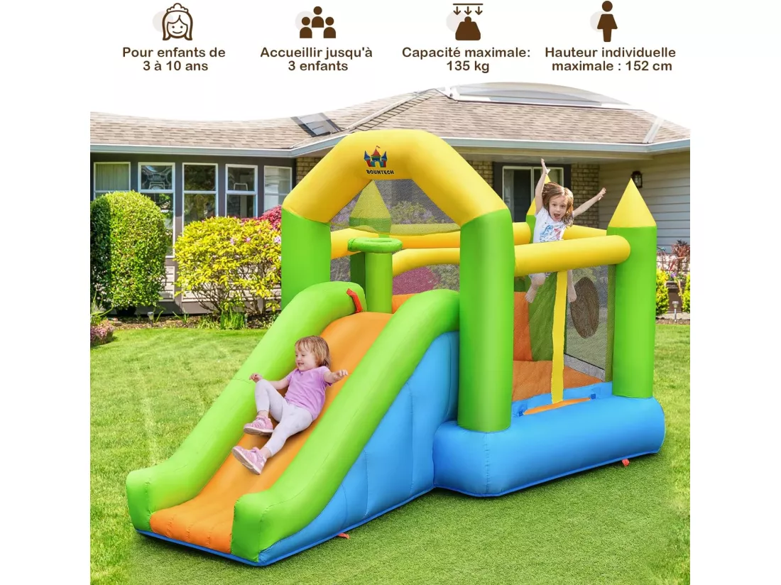 Château Gonflable en Forme de Pentagone avec Toboggan, Maison de Rebond Gonflable avec Piscine à Balles, Panier de Basket, Intérieur Extérieur pour 3 Enfants de 3-10 Ans (avec souffleur 450W)