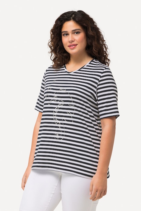 Shirt, Ringel, Metallic-Tier, V-Ausschnitt, Halbarm
