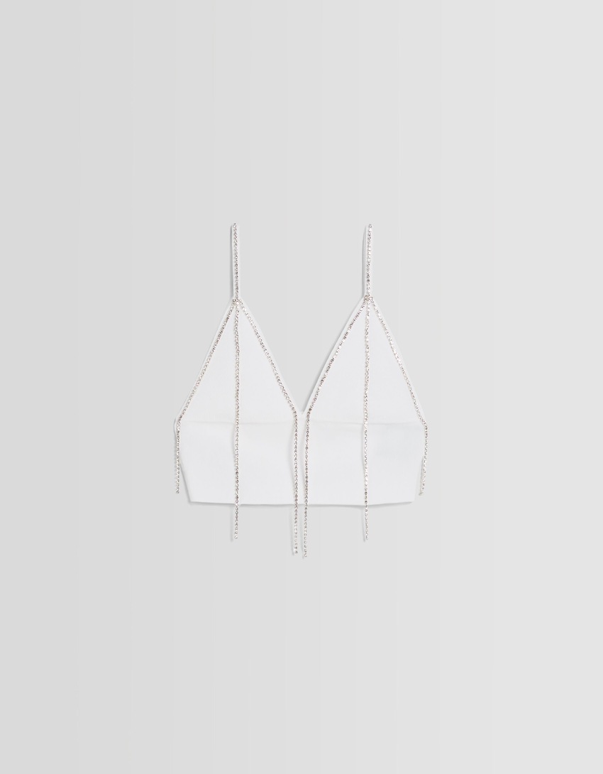 Top cropped de tricô com alças finas e strass.