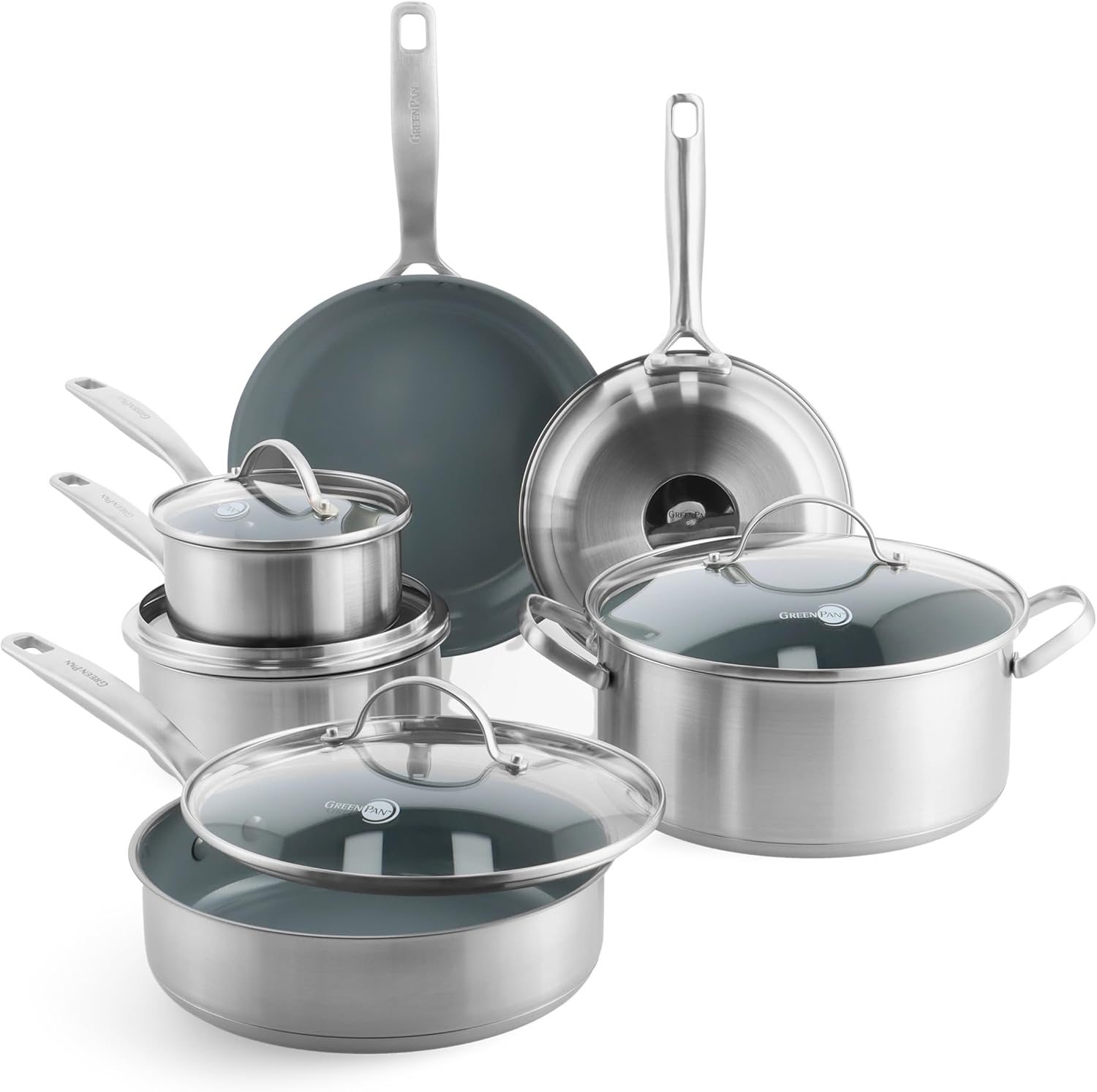 GreenPan Treviso Edelstahl Gesunde Antihaftbeschichtung aus Keramik 10-teiliges Kochgeschirr-Set, inkl. Bratpfannen, Sautierpfanne, PFAS-frei, Induktion, backofenfest, spülmaschinenfest, Silber