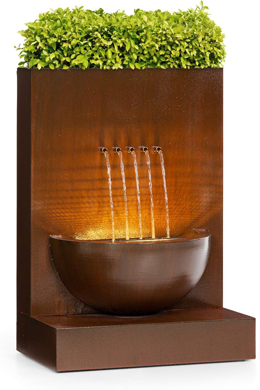 blumfeldt Windflower Gartenbrunnen, Leistung: 11 Watt, inklusive Pflanzschale, für drinnen und draußen, Durchflussmenge: 750 l/h, LED-Lichtleiste, Material: verzinktes Metall, braun