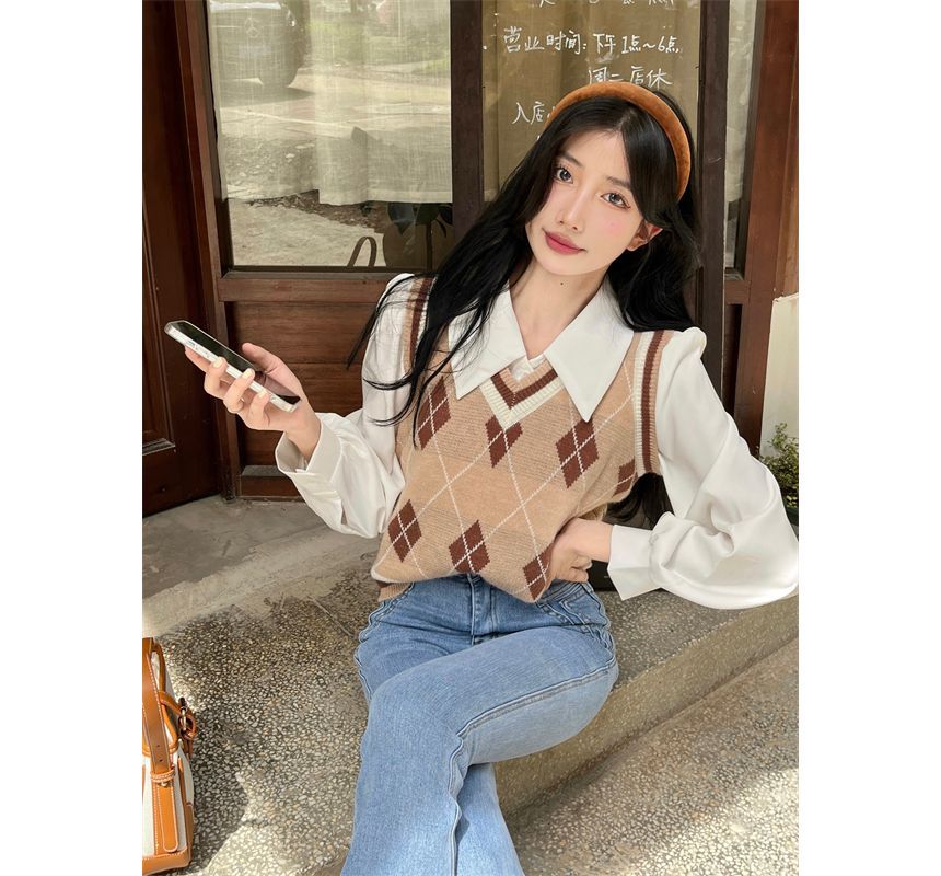 Shinsei - V-hals Argyle gebreide trui / effen shirt
