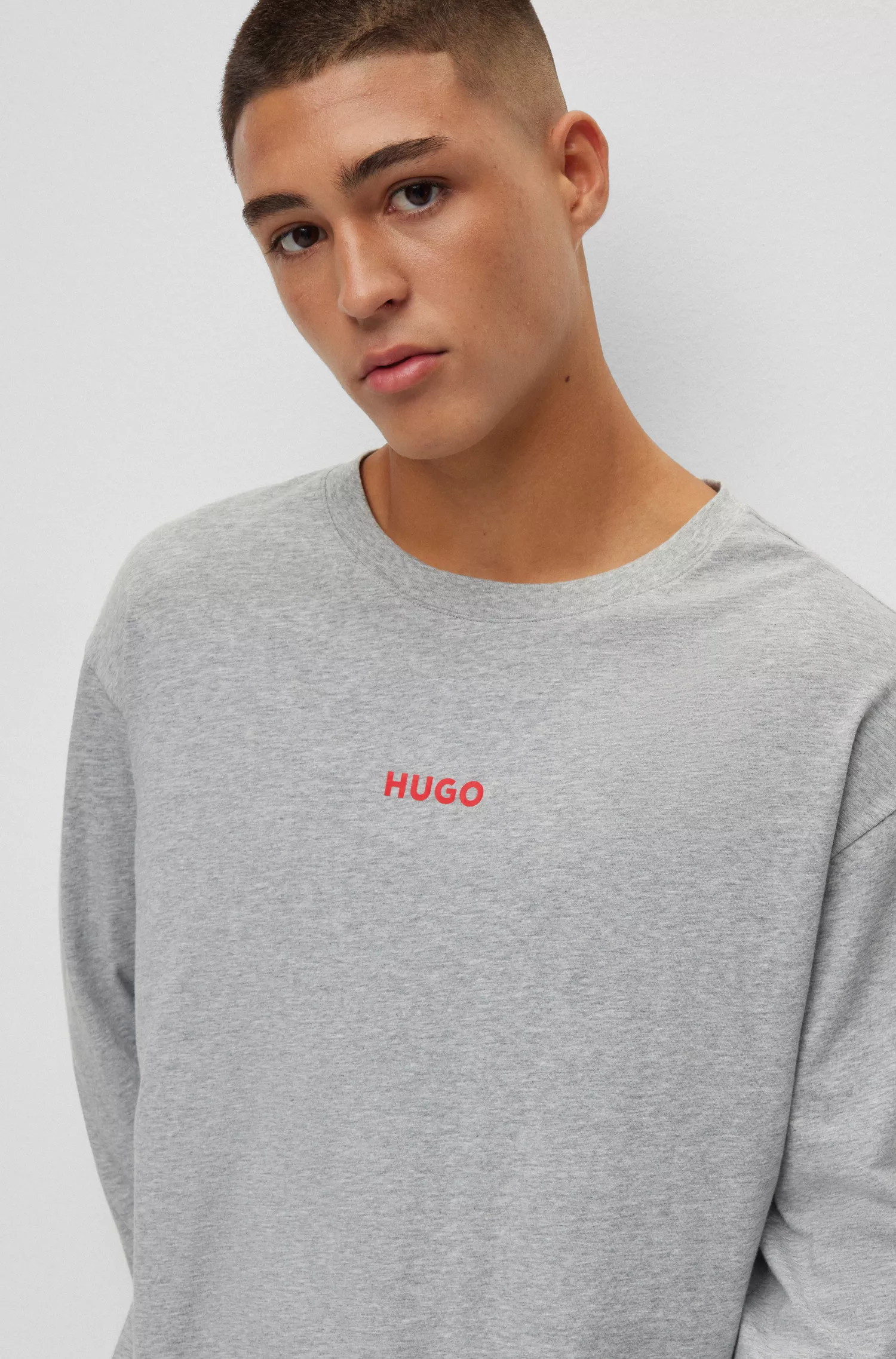 HUGO Vermelho - Blusa de pijama de modelagem relaxada em algodão elástico com logotipo.