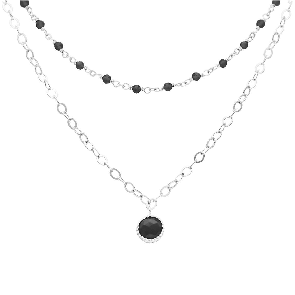 Collier Argent Rhodié Double Chaine Et Pierres Naturelles Noire