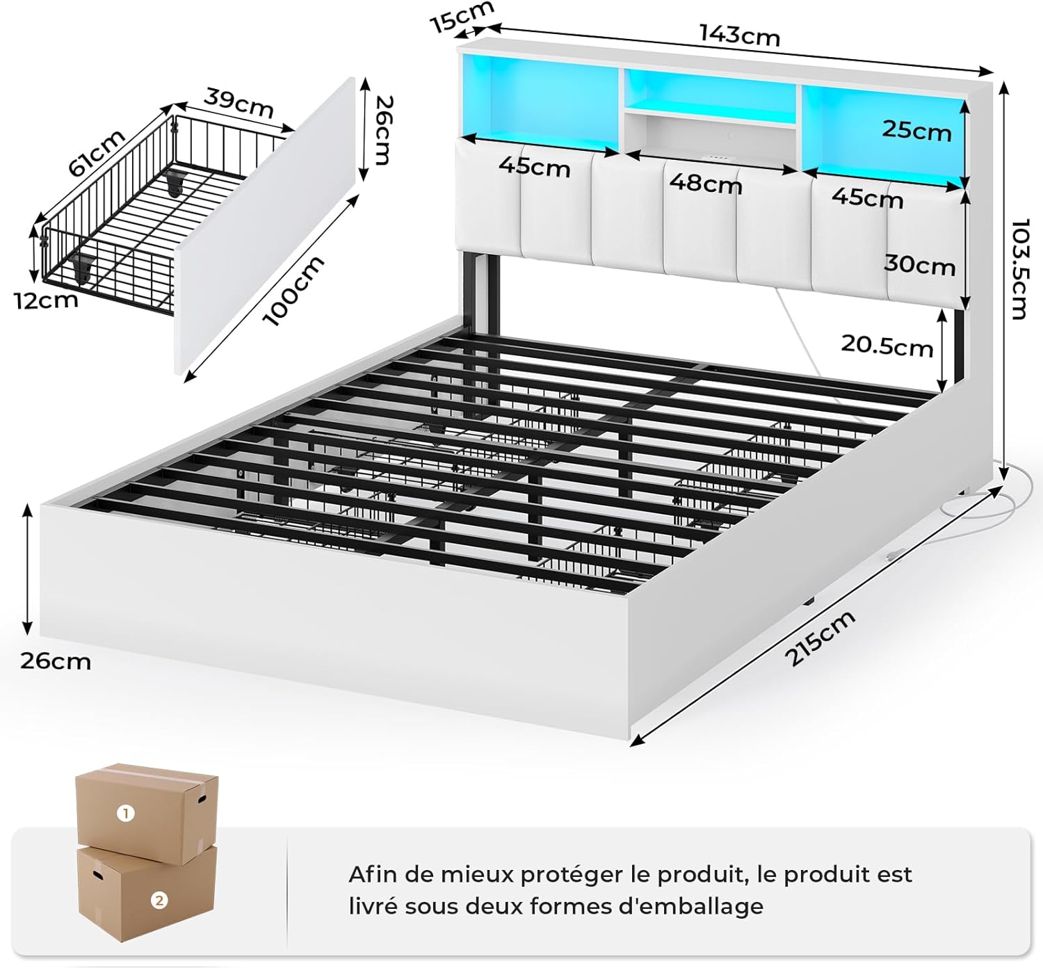 AOGLLATI Bett 140×200 cm, Polsterbett mit Ladestation und LED-Beleuchtung, Doppelbett Stauraumbett mit Stauraum Kopfteil, 4 Schubladen, Lattenrost, ohne Matratze(für 140 x 200 cm Matratze), weiß
