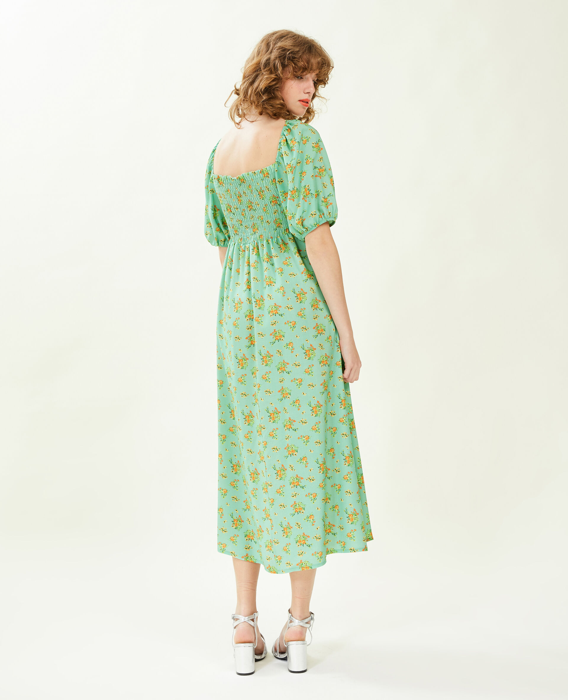 Robe midi manches ballons motifs fleurs - Orange