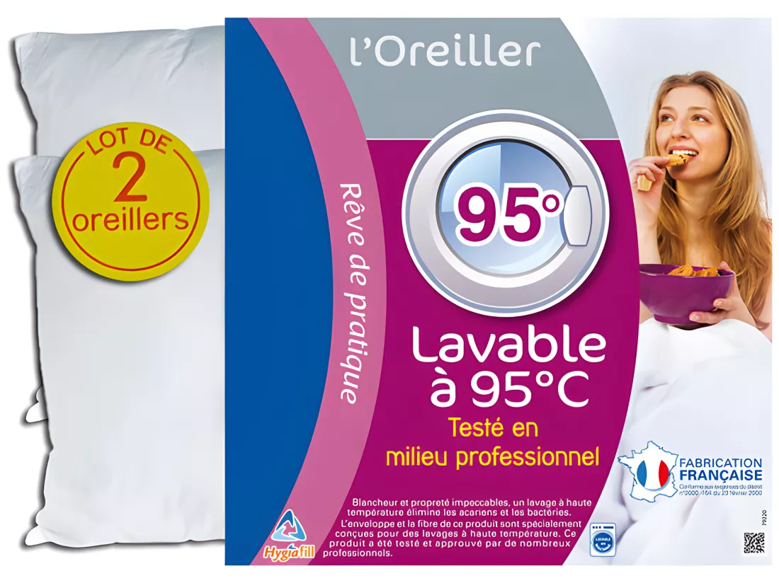 Lot De 2 Oreillers Hotelier À Bouillir Hygiafil 60 X 60 Cm 