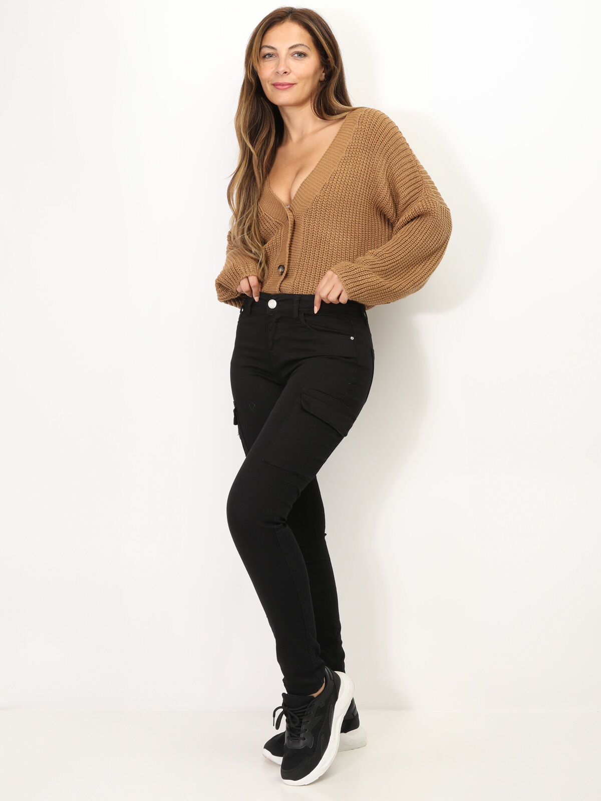 Jeans skinny style cargo à poche zippée- Noir