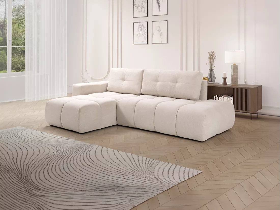 Canapé d'angle gauche convertible en tissu texturé beige TRIMALDI
