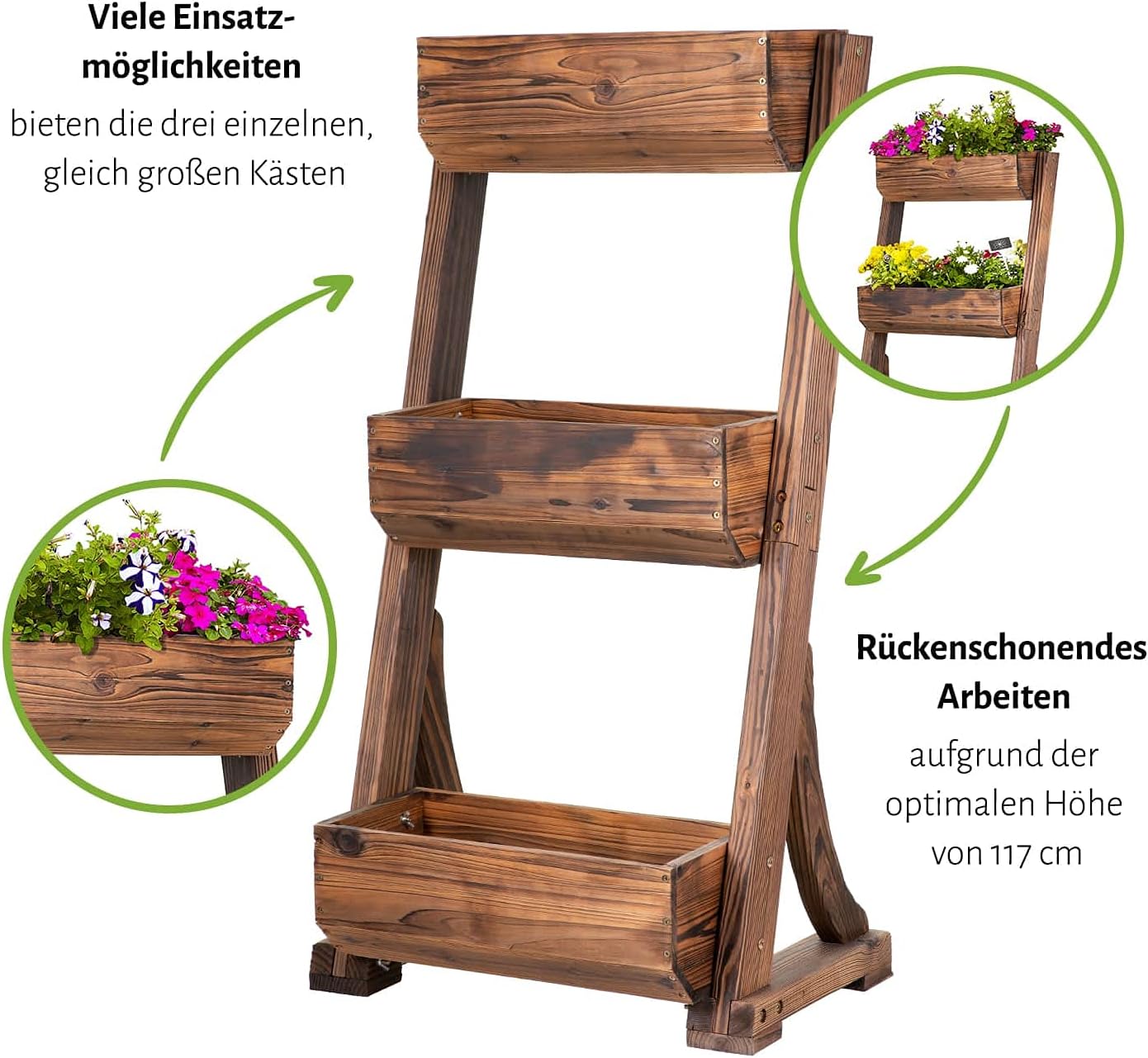 empasa Vertikales Hochbeet 'RAISE 3' Blumenkasten Pflanzkübel Frühbeet Kräuterbeet aus Holz mit drei Etagen, 62 x 47 x 117 cm