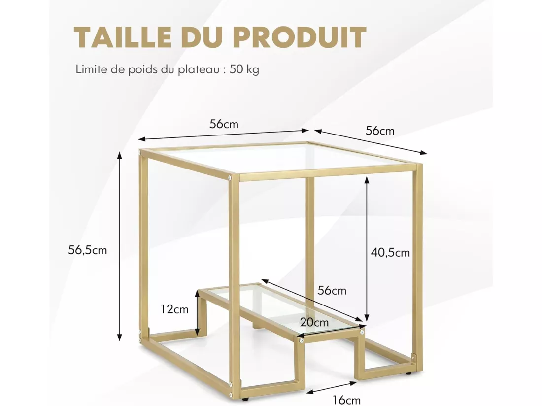 Table d'appoint à 2 étagères en verre, bout de canapé doré 56x56cm avec repose-pieds