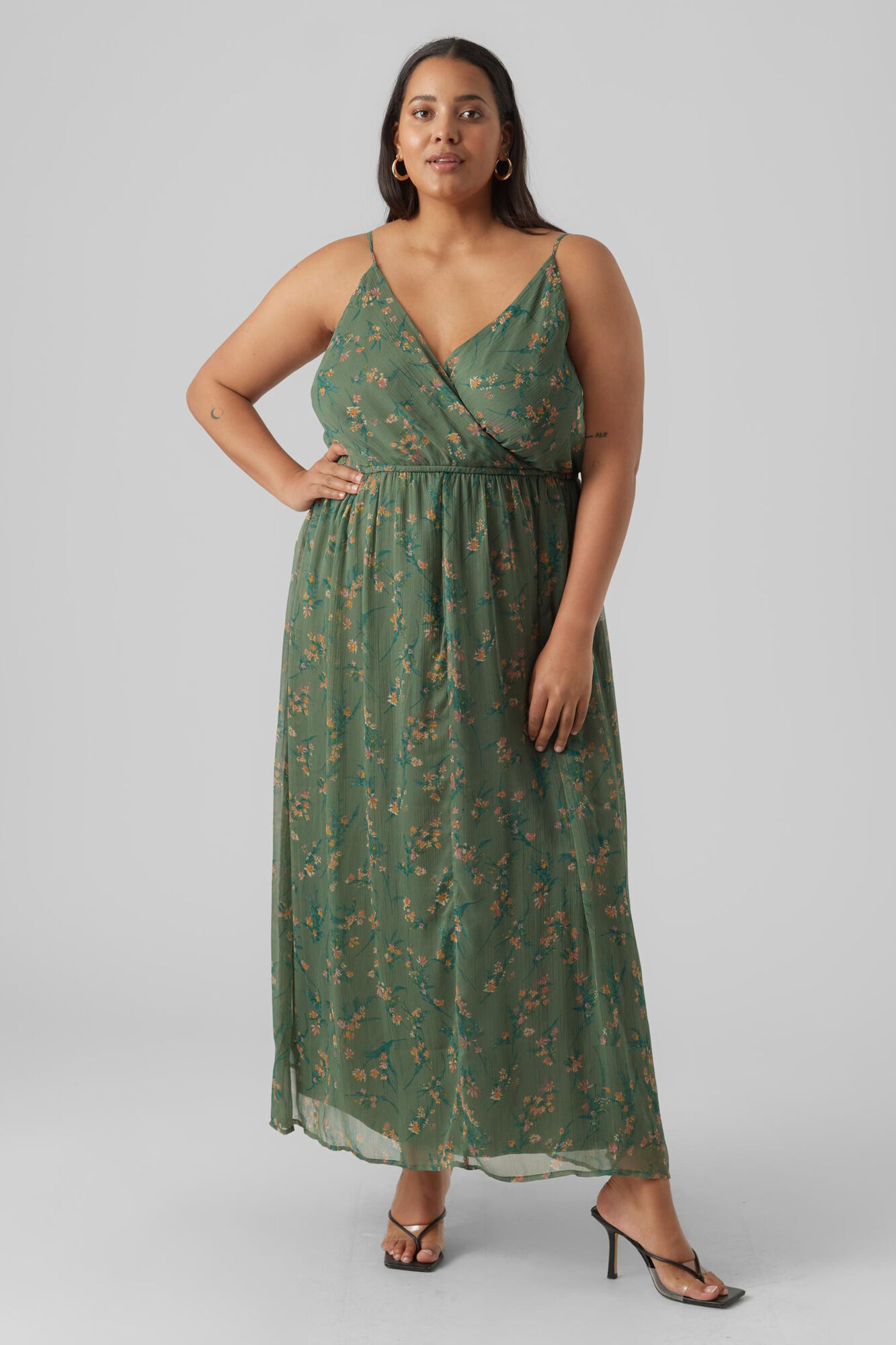 Vestido longo com decote em V e modelagem pico, tamanho grande - Verde