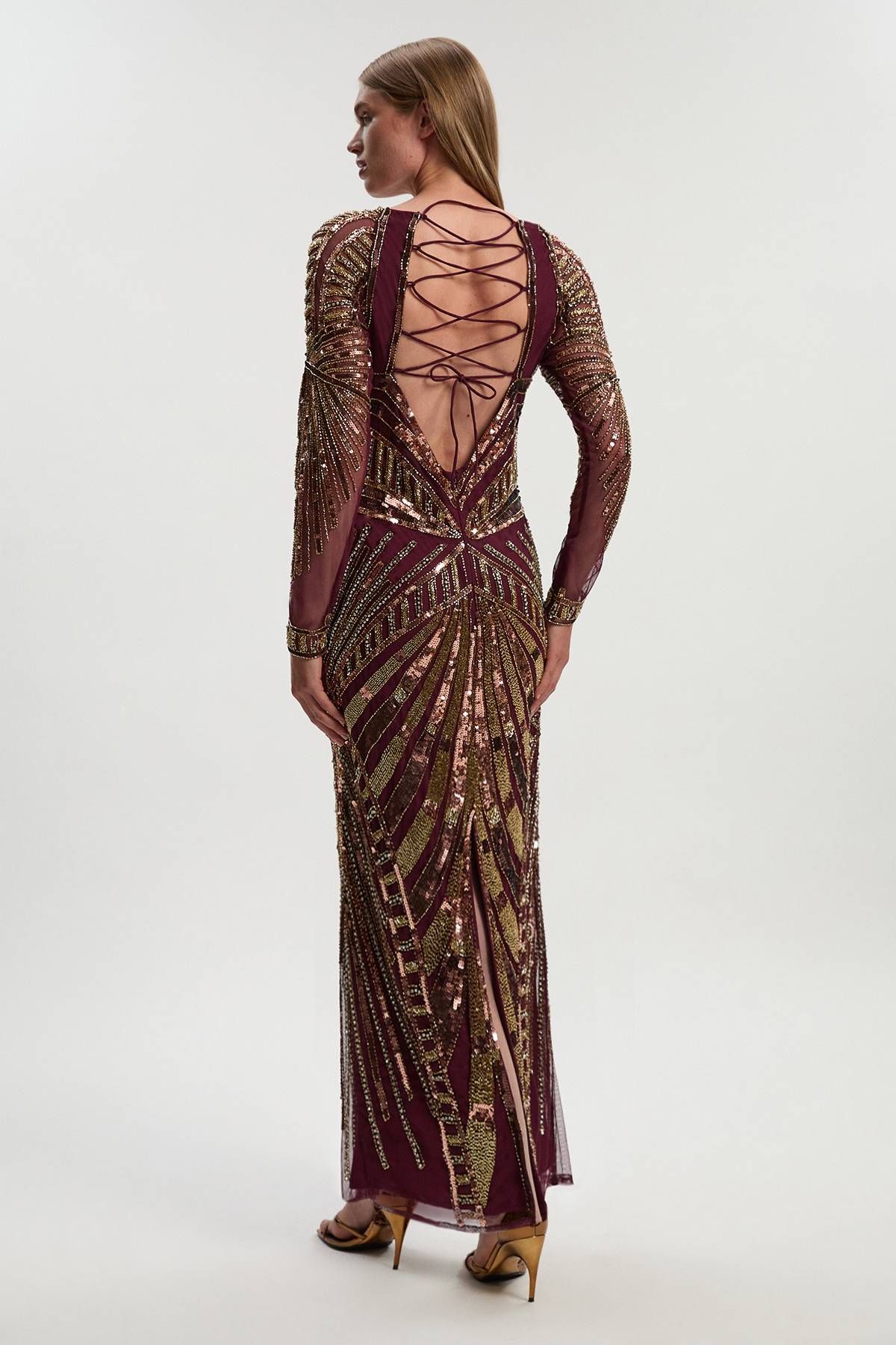 KarenMillen Robe Colonne Premium à Manches Longues Ornée de Cristaux Miroir Tissés