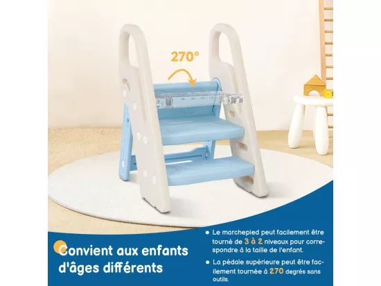 Marchepied Pliable pour Enfant Bébé avec 3 Marches Antidérapant, Rehausseur Stable, Hauteur Réglable, Multifonction avec Poignées Sécurité pr Salle de bain, Bleu et beige