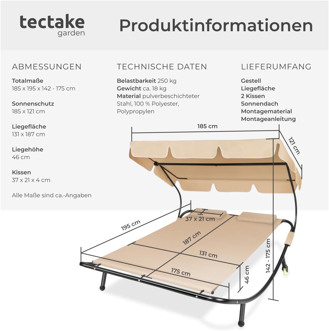 tectake Sonnenliege, Doppelliege, Outdoor Liege für 2 Personen, Gartenliege mit Sonnendach, Relaxliege, Sonnenliege mit Dach, inkl. 2 Kissen, ideal für Garten oder Balkon - schwarz/beige