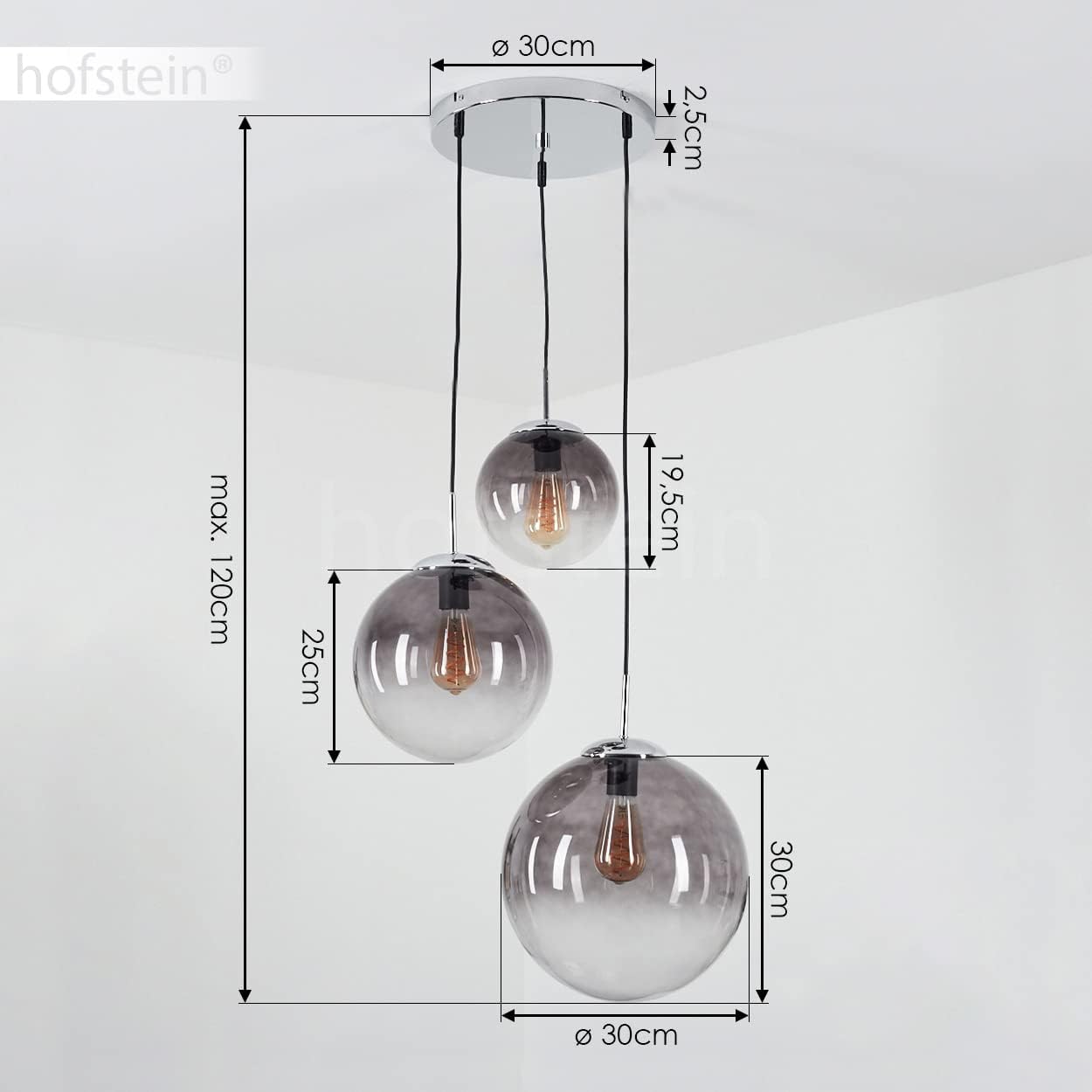 Hängeleuchte Degevos, 3-flammige Deckenlampe aus Metall/Glas in Chrom/Rauchfarben, moderne Pendellampe mit Kugeln aus Echtglas, Höhe max. 120 cm, 3 x E27,ohne Leuchtmittel