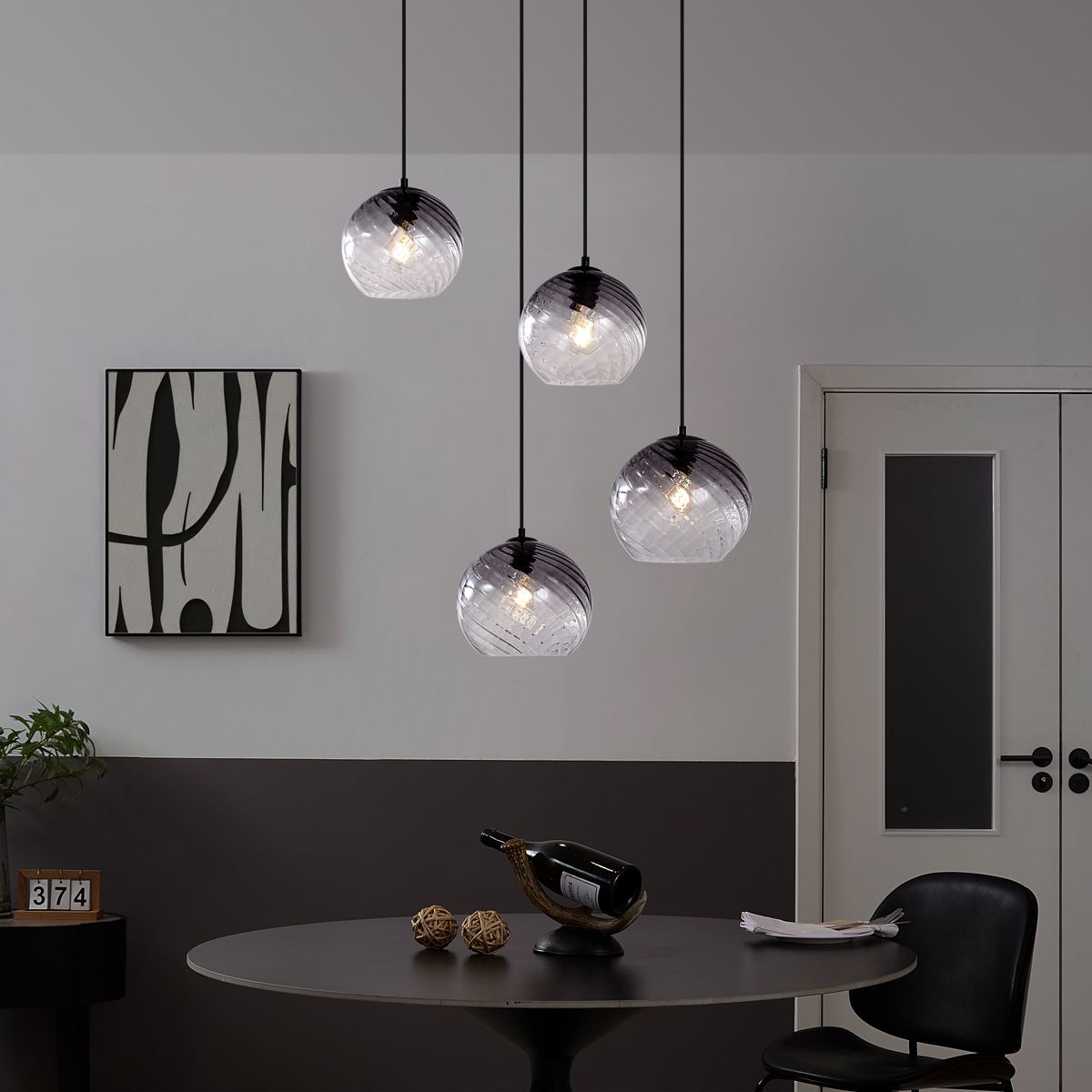 Art Deco hanglamp zwart met smoke glas rond 4-lichts - Bao