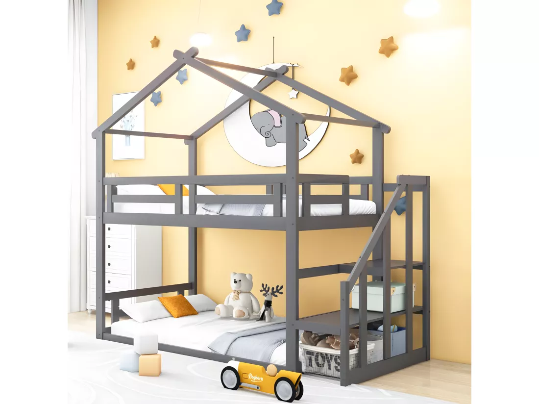 Lit d'enfant 90 * 200cm, lit superposé inférieur avec escalier de sécurité, cadre de lit superposé en bois massif, gris