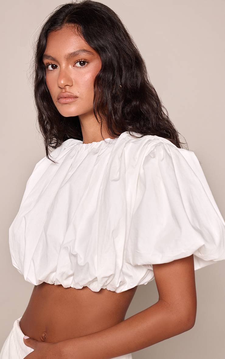 Blanc Haut Court Bouffant En Coton À Manches Courtes