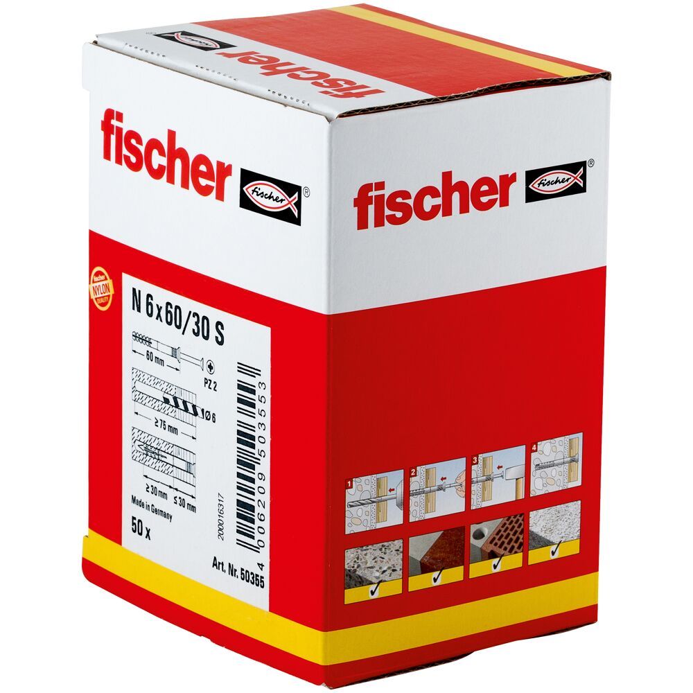 Fischer Nagelplug Nagelplug N 6 x 60/30 S met Verzonken Kop VE=50 - 50355